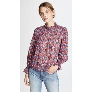 Rebecca Taylor Cosmic Floral Silk Long Sleeve Ruffle Blouse Red